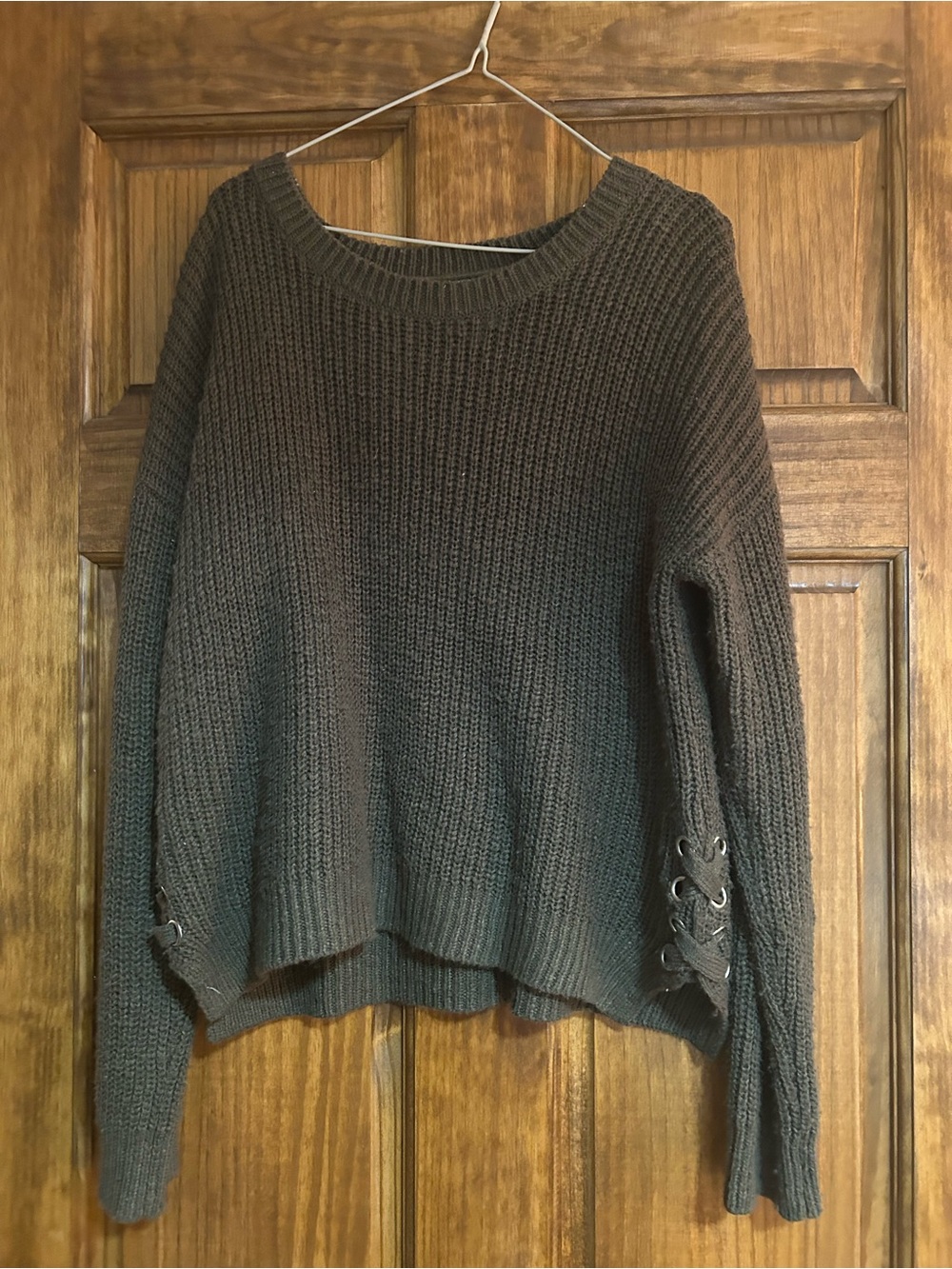 Pink Rose Dark Gray Crewneck Sweater with Lace-Up Cuffs